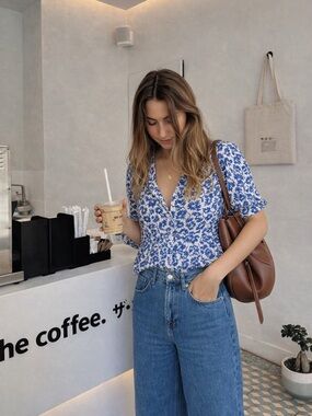 GAP BLUE WHITE FLORAL BLOUSE BOHO PEPLUM TOP XXL